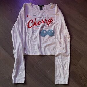 Forever 21 White Long-Sleeve Cherry Graphic Crop Top